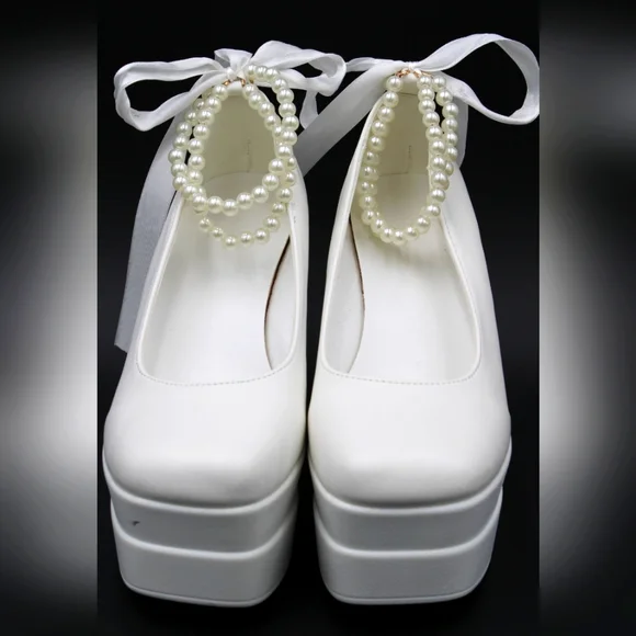 Women’s Pearl Decor Chunky Heeled Ankle Strap Heels – Size 6.5 (EU 37) - Picture 4 of 9